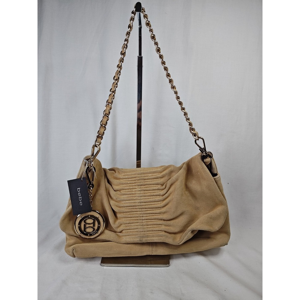 Bebe Ruched Suede Clutch Shoulder Bag Natural Beige Purse leather new flaw